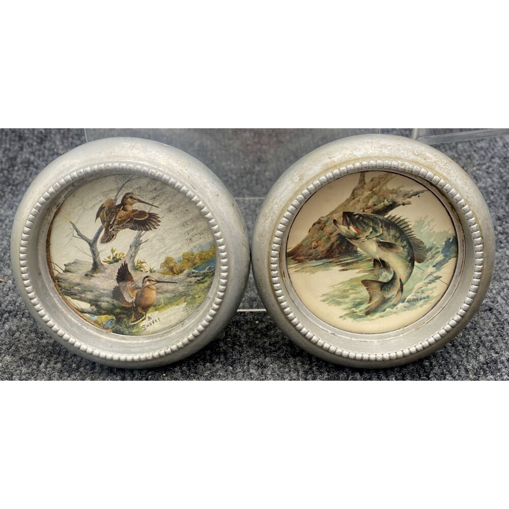 C. Smith Wildlife Coasters Set: Woodcock & Bass | Metal & Glass Vintage Art